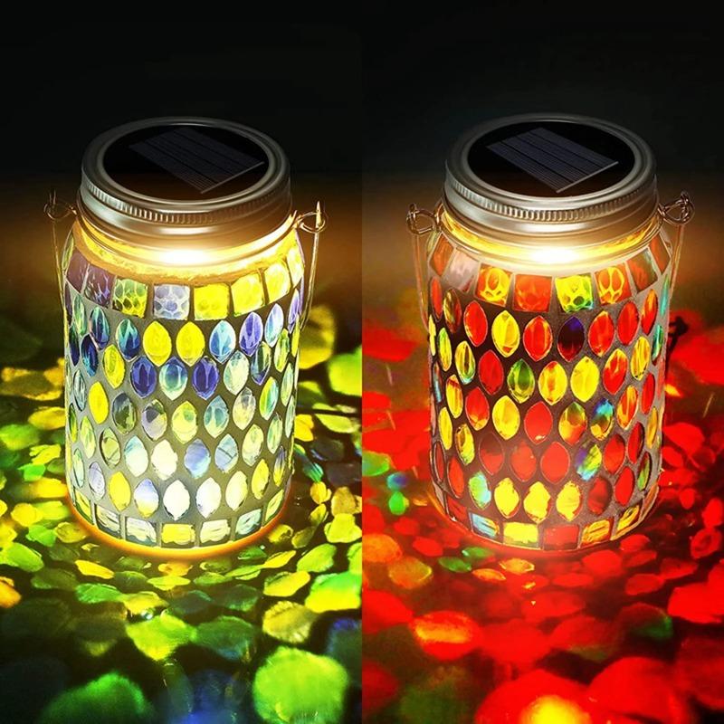 Solar Powered Mosaic Glass Mason Jar Lantern, Colorful Hanging Garden Light, Waterproof Outdoor Decor for Patio Yard