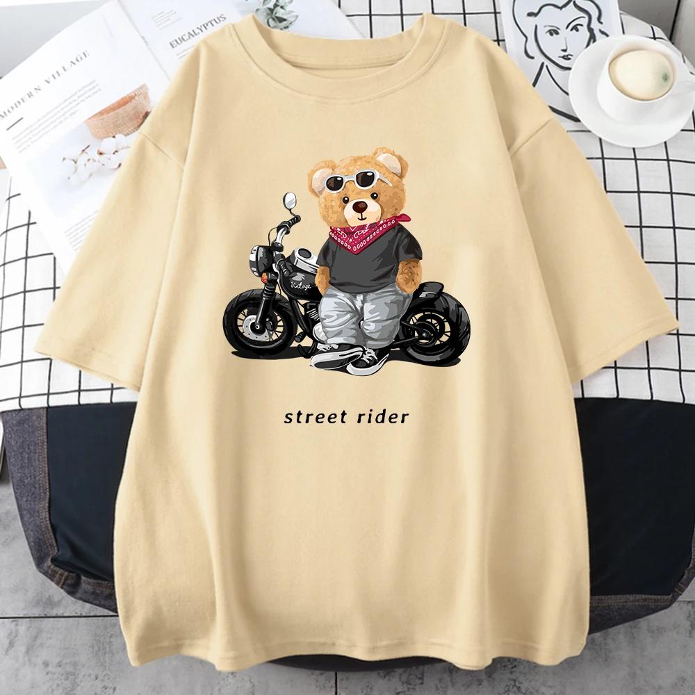 Tričko s potiskem motorkáře Street Teddy Rider Pánské Volné Street Krátký rukáv Letní Prodyšné Tričko Bavlněné Oblečení