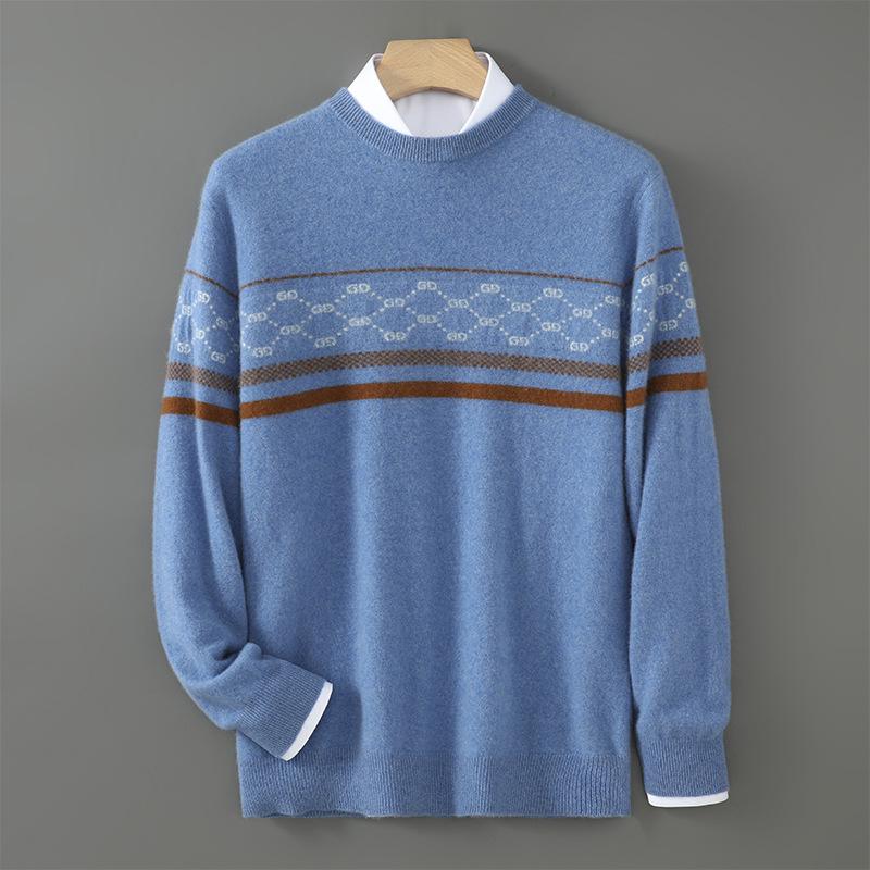Men's Color Block Wool Pullover - Warm, Thickened Round Neck Knitwear for Autumn/Winter 2025