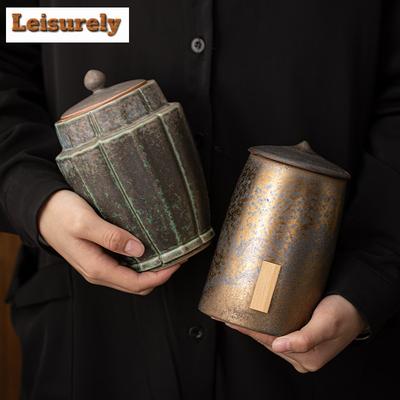 Retro Gilded Iron Glazed Tea Box Organizer Bamboo Hat Moisture-proof Storage Tank Containers Tea Caddy Chinese Tea Set Craft
