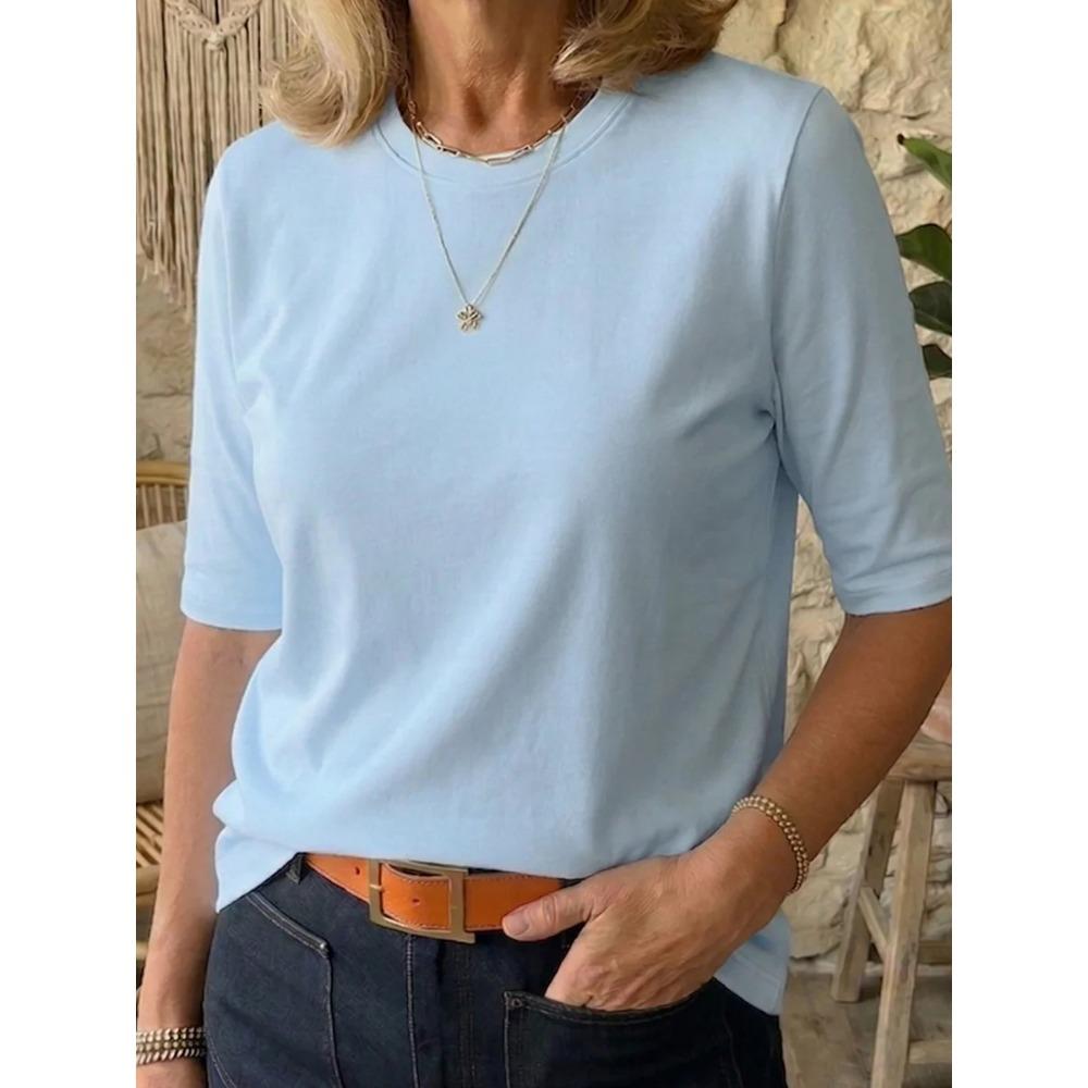Women Comfort Versatile T-Shirt, Casual Round Neck Shoulder Short Sleeve Top for Inner & Outer Wear