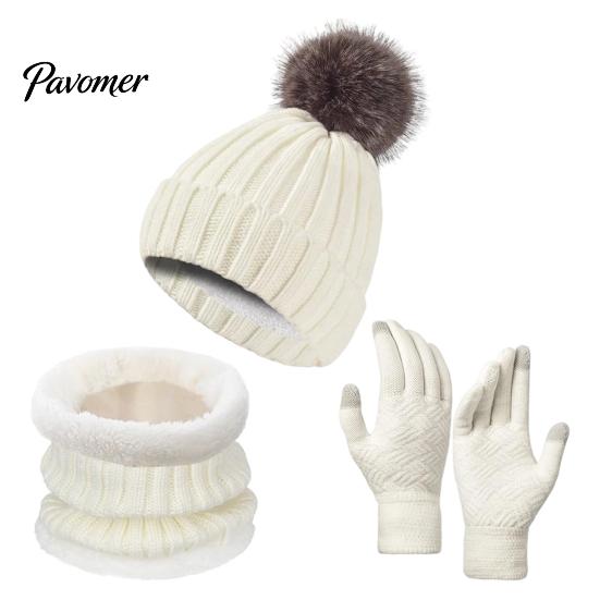 Thermal Fleece Lined Winter Accessories Hat Neck Warmer Gloves Set, Knitted Beanies with Pompom, Touch Warm And Scarf Set Screen Gloves, Knit for Men