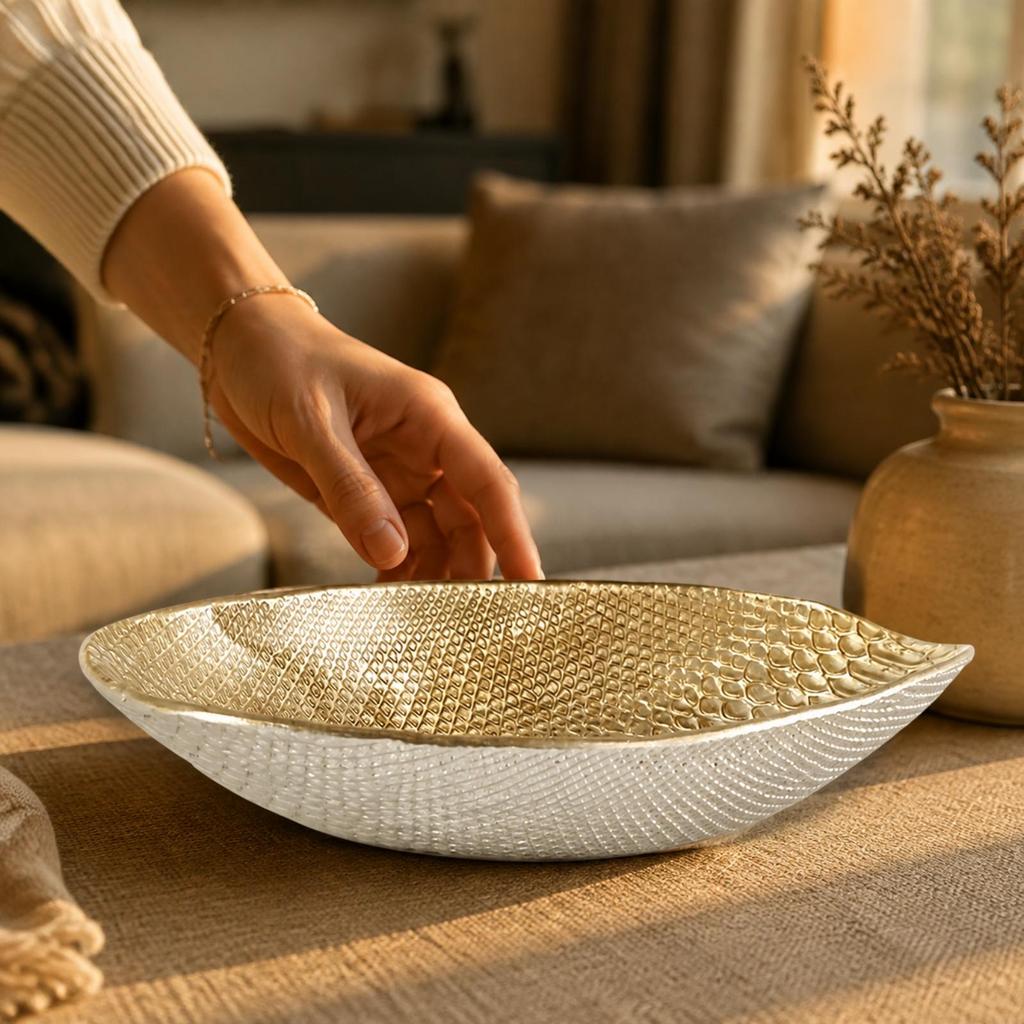 Shallow Bowl Tray with Sculptural Finish for Snack Serving on Console