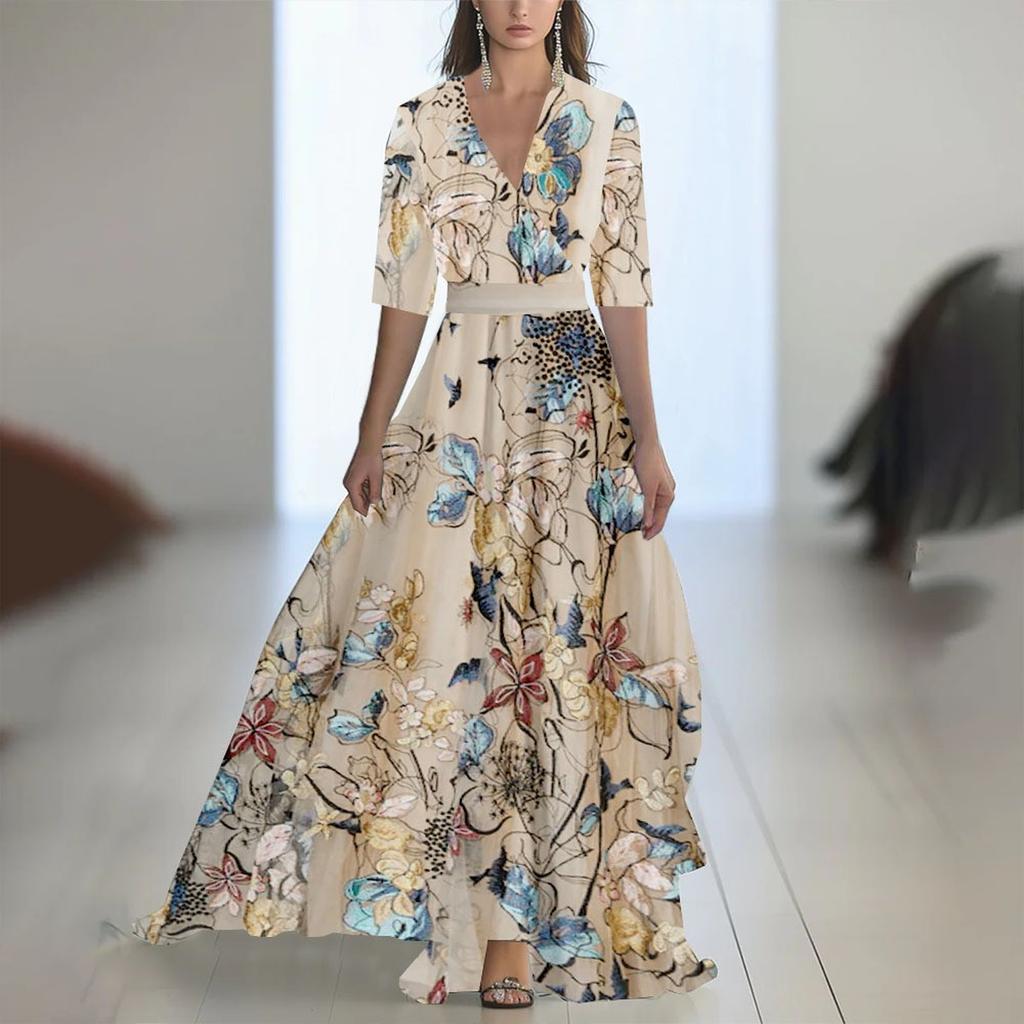 Ladies' Casual And Fashionable Solid Color Printed Patchwork V-neck Long  Dress