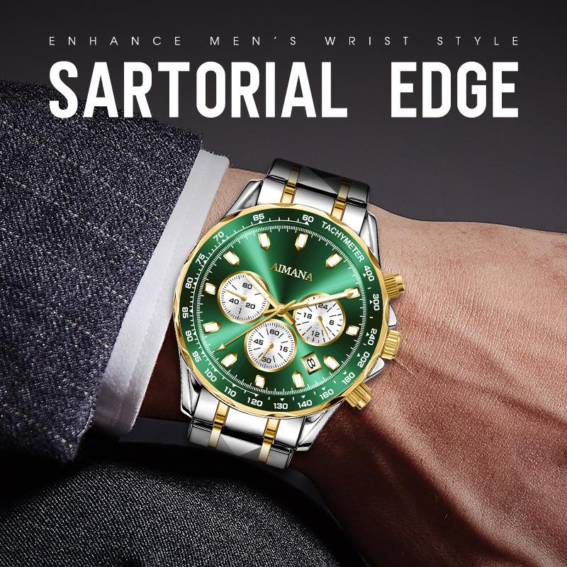 Men's Chronograph Quartz Watch Calendar Waterproof Luminous Stainless Steel Strap Luxury Wrist Watch for Men