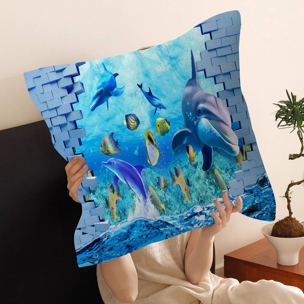 Ocean World Shark Area Pillow Covers Cartoon Sofa Decorative Home Double-Sided Printing Short Plush Cute Cushion Cover