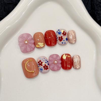10Pcs Cute Handmade Short Round Press On Nails Full Cover Flower Rhinestone Design False Nail Tips