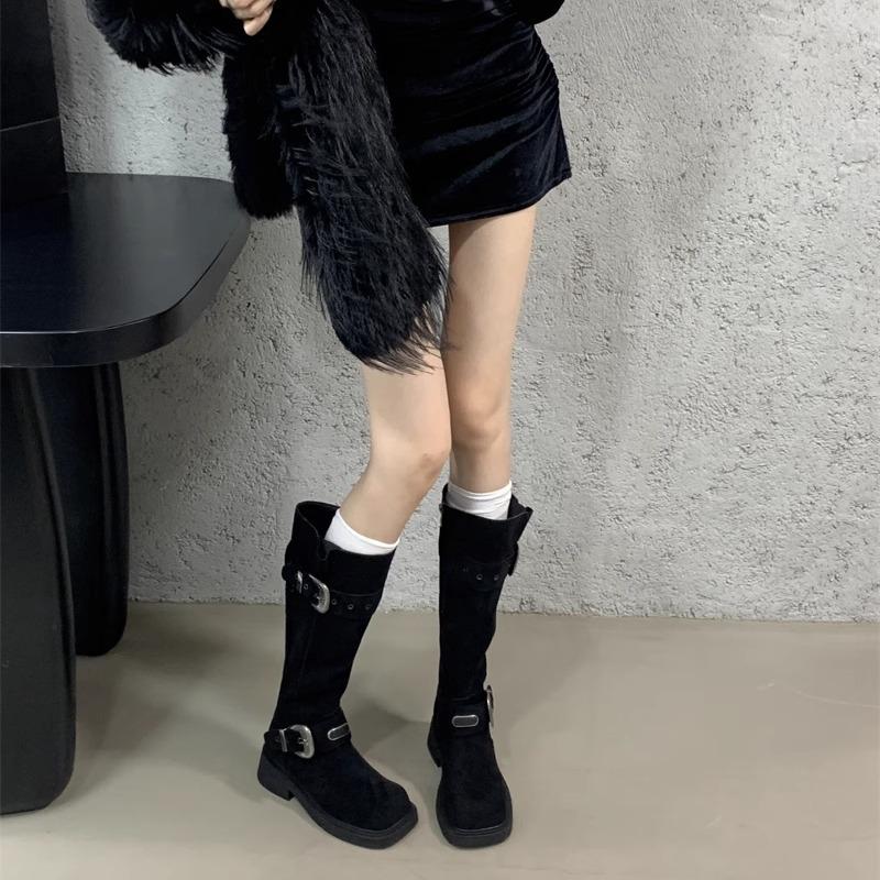 Spice Girl Fashion Tall Fashion Boots Women's 2025 Autumn and Winter New Metal Belt Buckle Square Head Middle Heel Boots