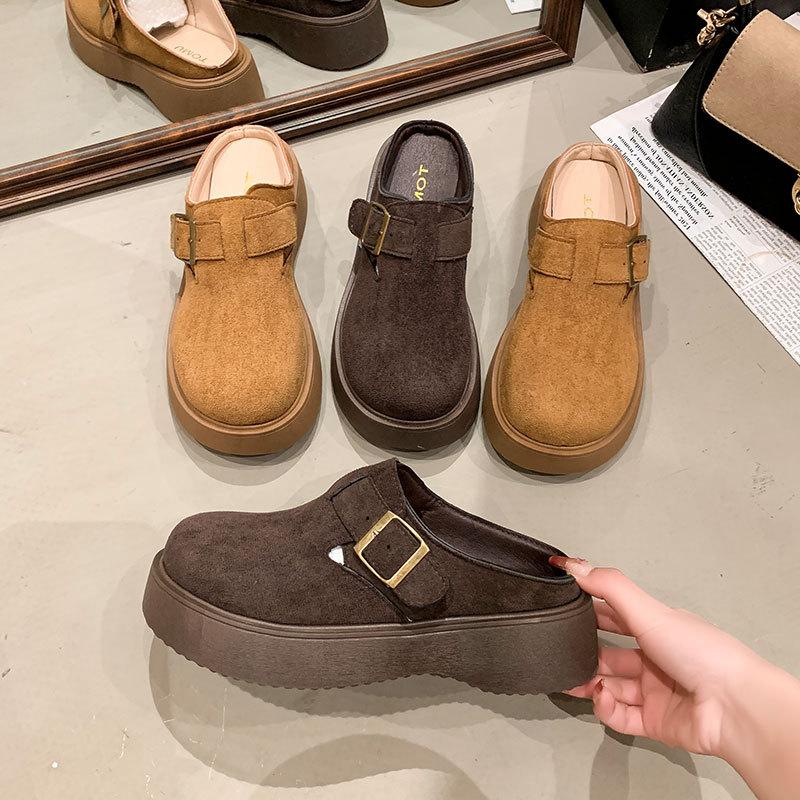 Retro Thick-bottomed Boken Bag Head and Half Slippers for Women's 2025 Spring New Models To Increase Height and Wear Lazy People with One Foot and H