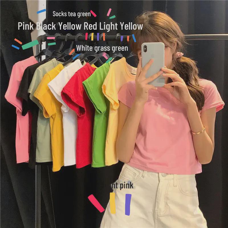 2025 Damen Süß & Würzig Bonbonfarbenes Crop-Top - Kurzärmelig, Hochtailliert, Einfarbiges T-Shirt für den Sommer