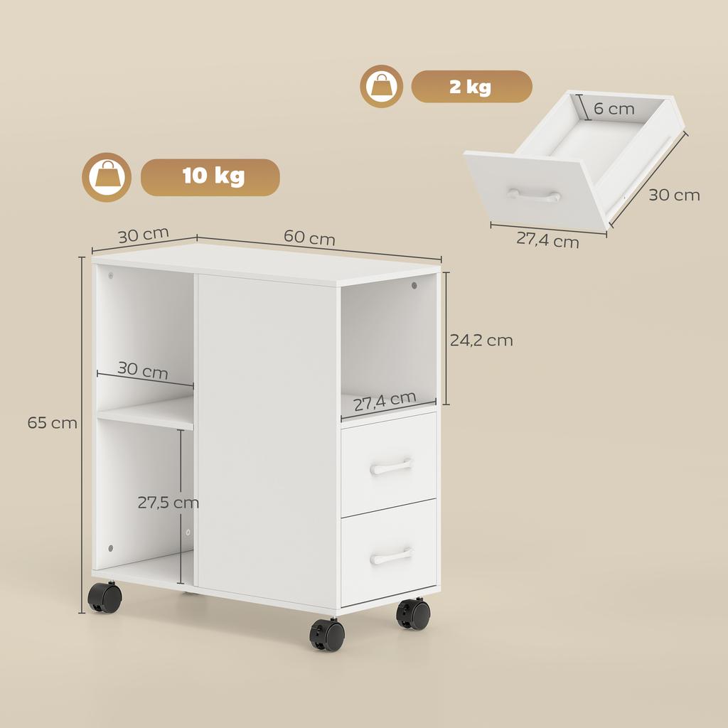 Printer Stand, Rolling Storage Unit, Drawers, Adjustable Shelf, Open Compartment, White