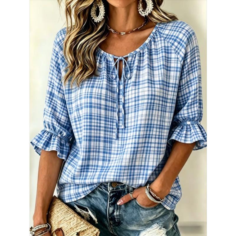 Women's Elegant Printed Lace-up Flared Top, Stylish and Versatile, Comfortable and Skin-friendly