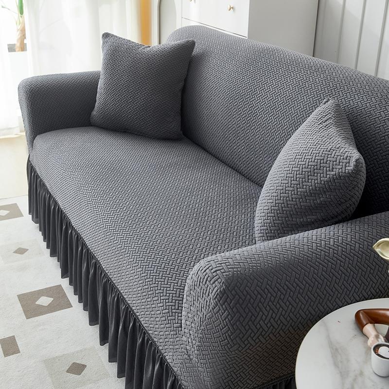 Solid Color Thick Sofa Cover for Living Room Elastic Jacquard 1/2/3/4 Seater Sofa Cover With Skirt