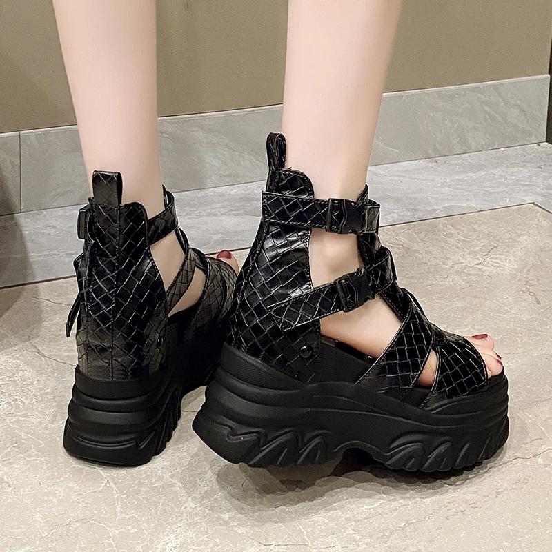 10CM Women Thick Bottom Gladiator Shoes Woman Summer Chunky Sneakers High Platform Sandals Hollow Out Wedge Heels Beach Boots