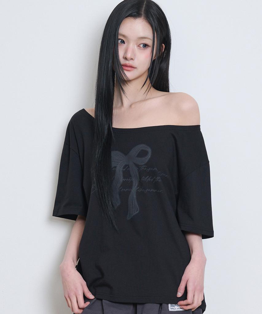 ILLIGO Ribbon Shirred Off-Shoulder T-Shirt Black