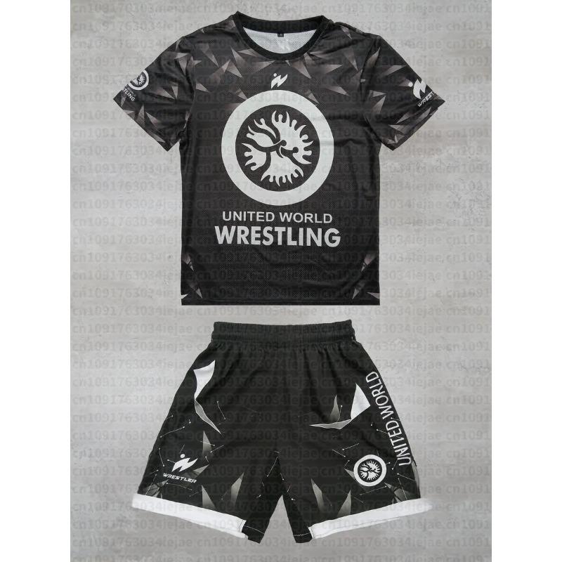 2026 New Summer Men Kid United World Wrestling Sportswear Set Short Sleeve T Shirt and Shorts for MMA Training Lightweight