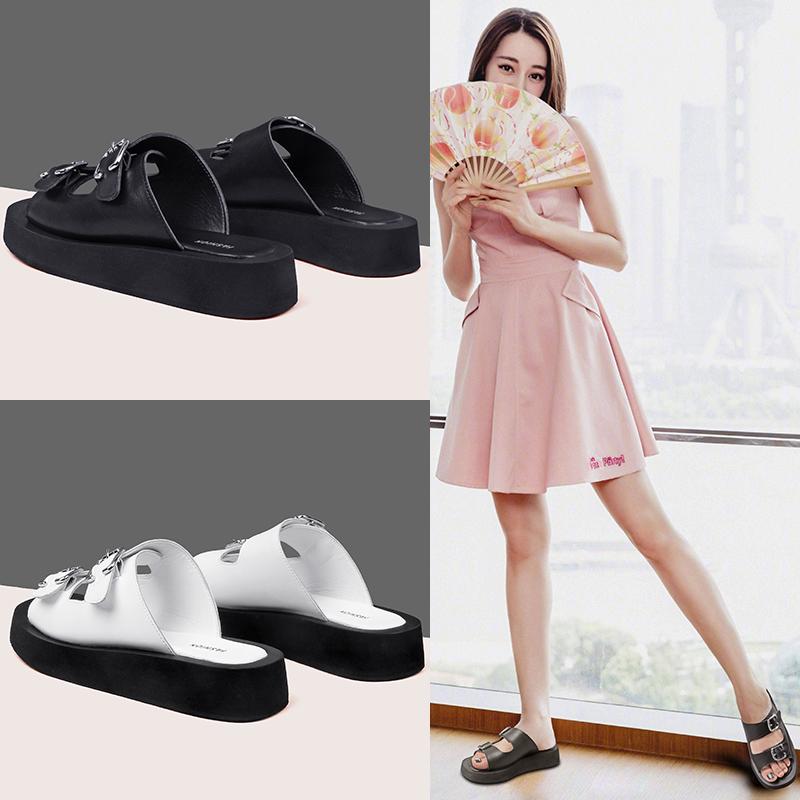 Fashion 2025 Women Slippers Summer Genuine Leather Slides Women Fashion Square button Flat Sandals Ladies Outdoor Casual Flip Flops