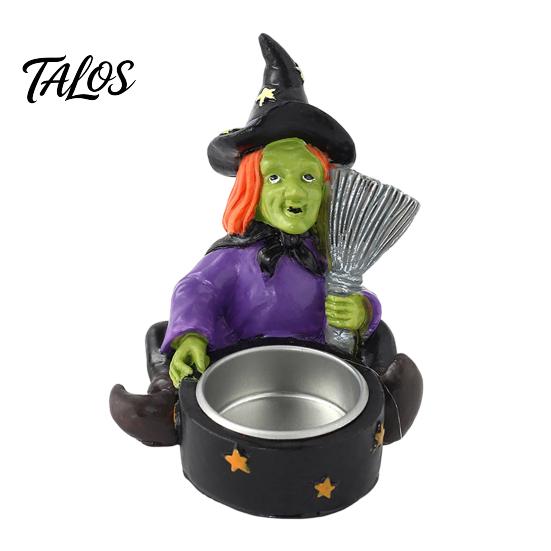 Halloween Skull Candlestick Holder Witch Resin Candle Holder, Spooky Star Cup Tealight Stand Decorative with Metal Heatproof Liner, Gothic Tabletop