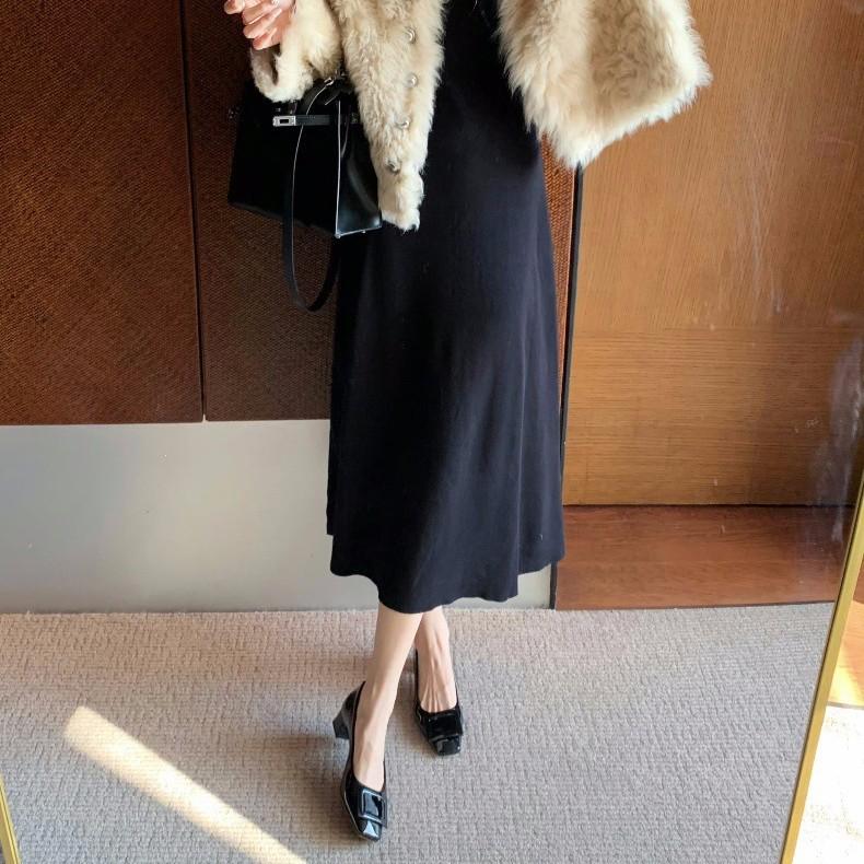 Sheepskin Version~ Square Buckle Thick Heel Square Head Temperament High Heels Single Shoes Women's Leather Soft Sole Mary Jane Shoes