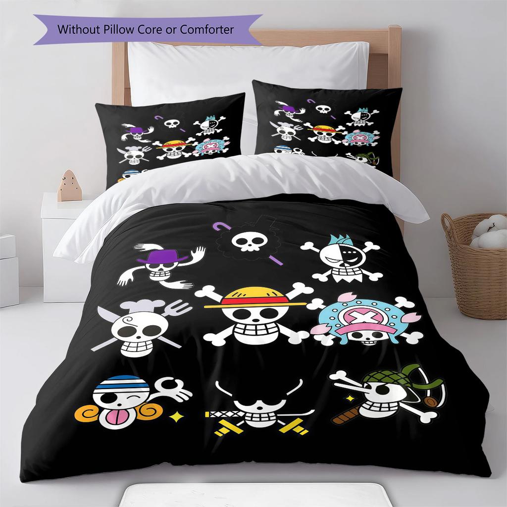 One Piece Straw Hat Pirates Pattern Bedding Quilt Set Quilt Cover Pillowcase Home Birthday Gift(1 * Duvet Cover + 2 * Pillowcase, Without Core)