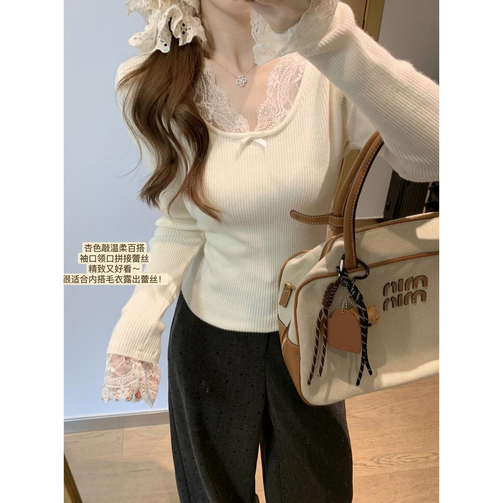 Spring Christmas red lace collar knitted bottoming shirt women's beautiful slim-fitting inner top pure desire wind sweater