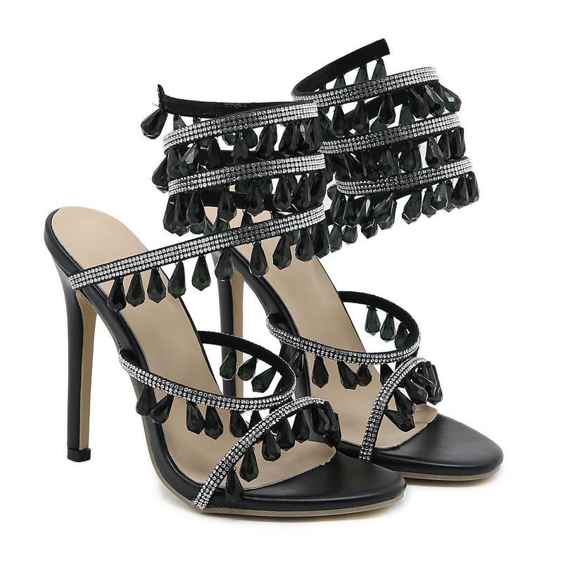 2025 New Women's Sandals Luxury Rhinestone Wraparound Ankle Women's Stiletto Heels Wedding Shoes Banquet Shoes