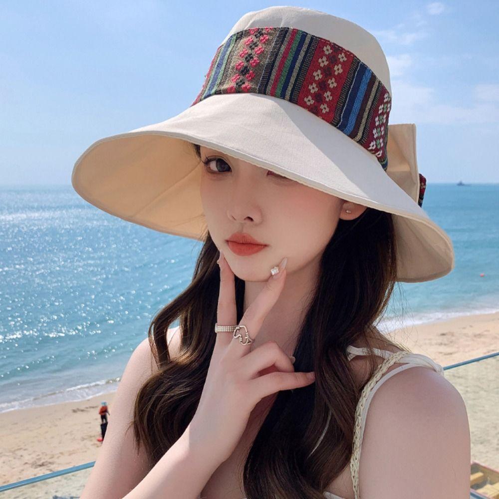 Ethnic Style Women's Sun Hat Solid Color Wide Brim Bucket Cap Simple Bowknot Fishmen Hat  Girl