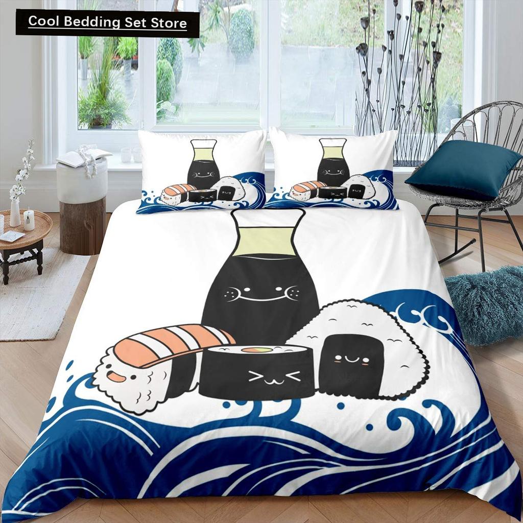Japanese Sushi King Queen Duvet Cover Little Cat Bedding Set Novelty Cartoon Pet Animal Japan Food White Polyester Quilt Cover