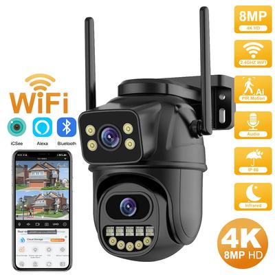 Outdoor Wifi Camera 4K 8MP HD Dual-Lens Dual Screen Camera AI Auto Tracking 6MP Video Surveillance Police Light Alarm