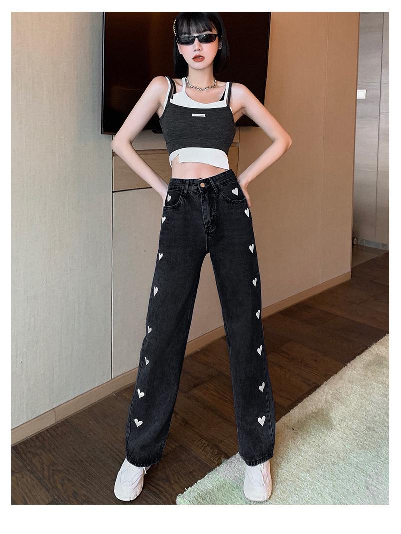 Women s High Waist Heart Embroidery Denim Pants - Slimming, Straight, Loose Fit, 2024 New Release, Wide-Leg, Floor Length S