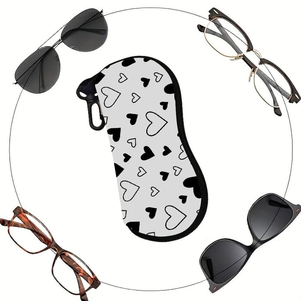 Cute Black and White Heart Print Soft Eyeglasses Sunglasses Case,Portable Eyewear Protective Pouch,Lightweight Travel Glasses Accessories