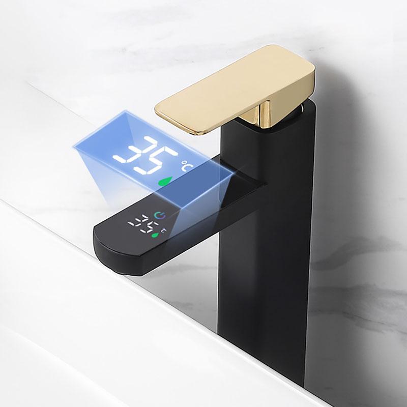 

Цифровой смеситель для раковины с сенсорной кнопкой, регулировка температуры горячей и холодной воды, светодиодный, черно-золотой, для умывальника, для ванной комнаты, умный смеситель, аксессуар