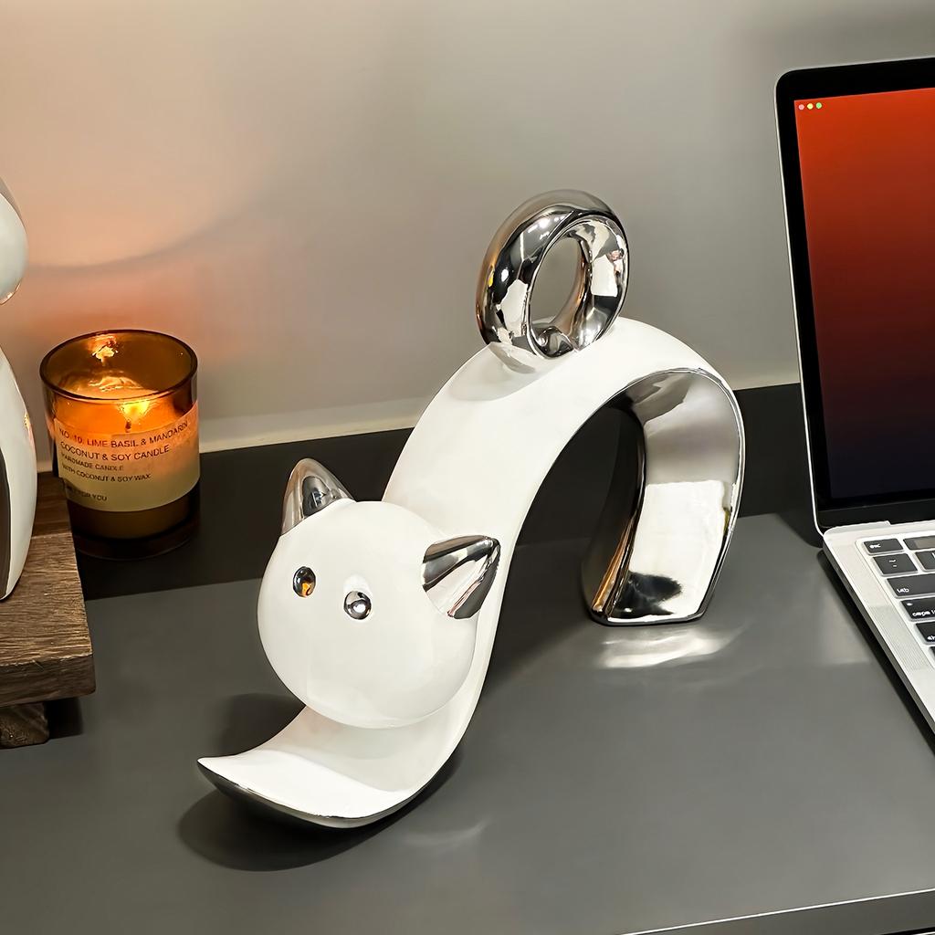 Keramik Handwerkskunst Simulation Tier Skulptur Cartoon Katze Kätzchen Silber Niedliche Katzenfiguren Heimdeko Zubehör