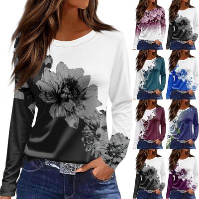 Damenmode Lässig Schlitz Saum Rundhals Langarm Lose Bedrucktes T-Shirt Damen Top