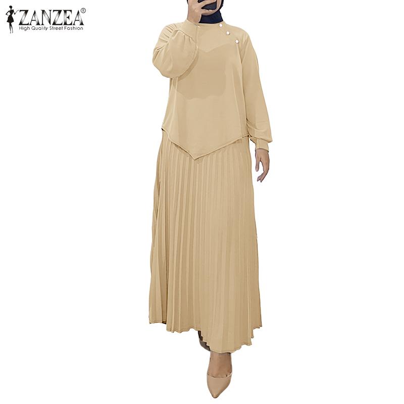 ZANZEA Women Long Sleeve Blouse and Long Pleated Skirts Casual Two Piece Suit Sets
