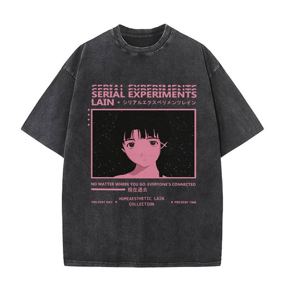 Japanese Anime Serial Experiments Lain Vintage Washed T Shirt Manga Iwakura Girl Sci Fi T-shirts Men 100% Cotton Casual T Shirt