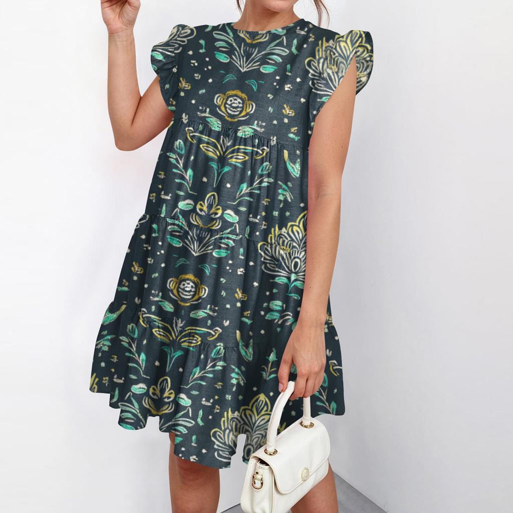 Damenmode Sommer Casual O-Ausschnitt Rüschen Ärmel ärmellos Flowy Short Tunika Kleid