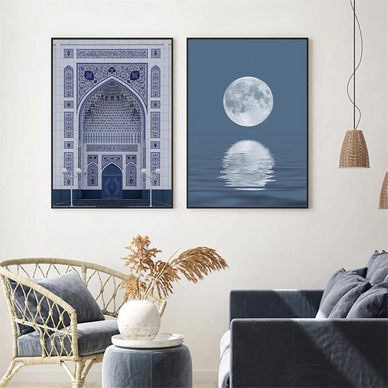 Blue Islamic Mosque Muslim Wall Posters Canvas Painting Moon Painting Wall Art Print Picture for Living Room Interior Home Decor