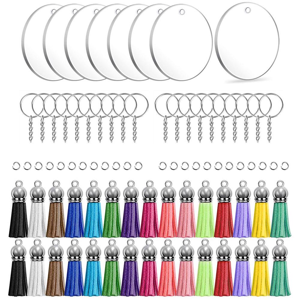 120-Piece Acrylic Keychain Set with Tassels and Small Spike Pendants, Transparent Round Blanks