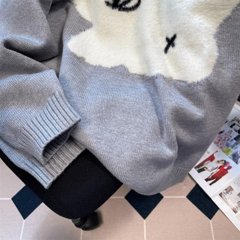 Dámský svetr žakárový s malým psem s kulatým výstřihem a dlouhým rukávem pletený svetr korejský styl roztomilý volný ležérní dámský pulovr top