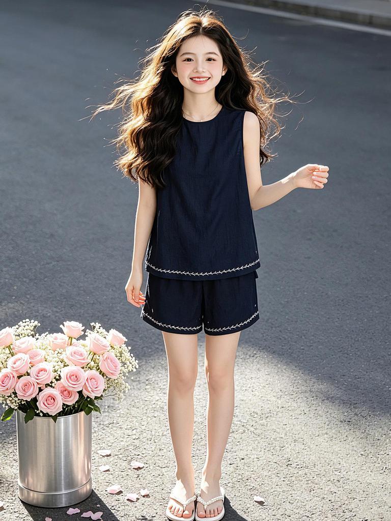 Girls' Embroidered Vest & Shorts Summer 2026 Two-Piece Set - Medium & Large Sizes