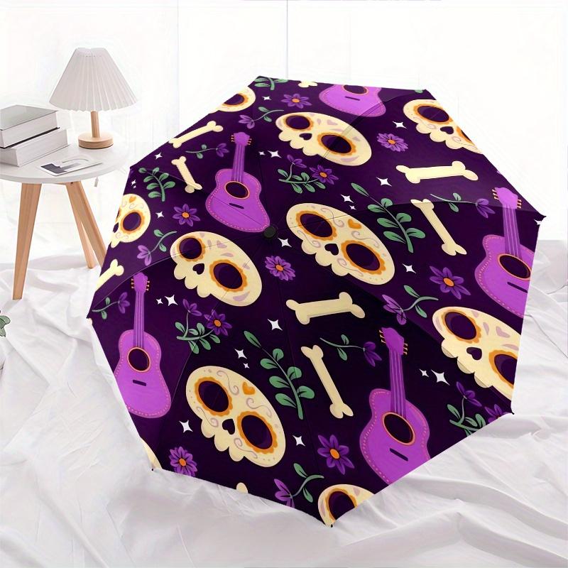 1pc Skulls,Guitars Automatic Folding Umbrella: Compact 8 Bone Design Cartoon Outdoor Travel Companion, Business Umbrella, Christmas Valentin