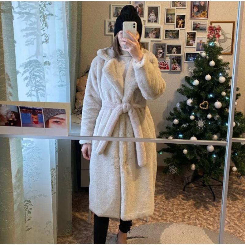 Neuer Wintermantel aus Kaninchenfellimitat für Damen, verlängerter Gürtel, Jacke aus Fellimitat, verdickte warme Plüschjacke