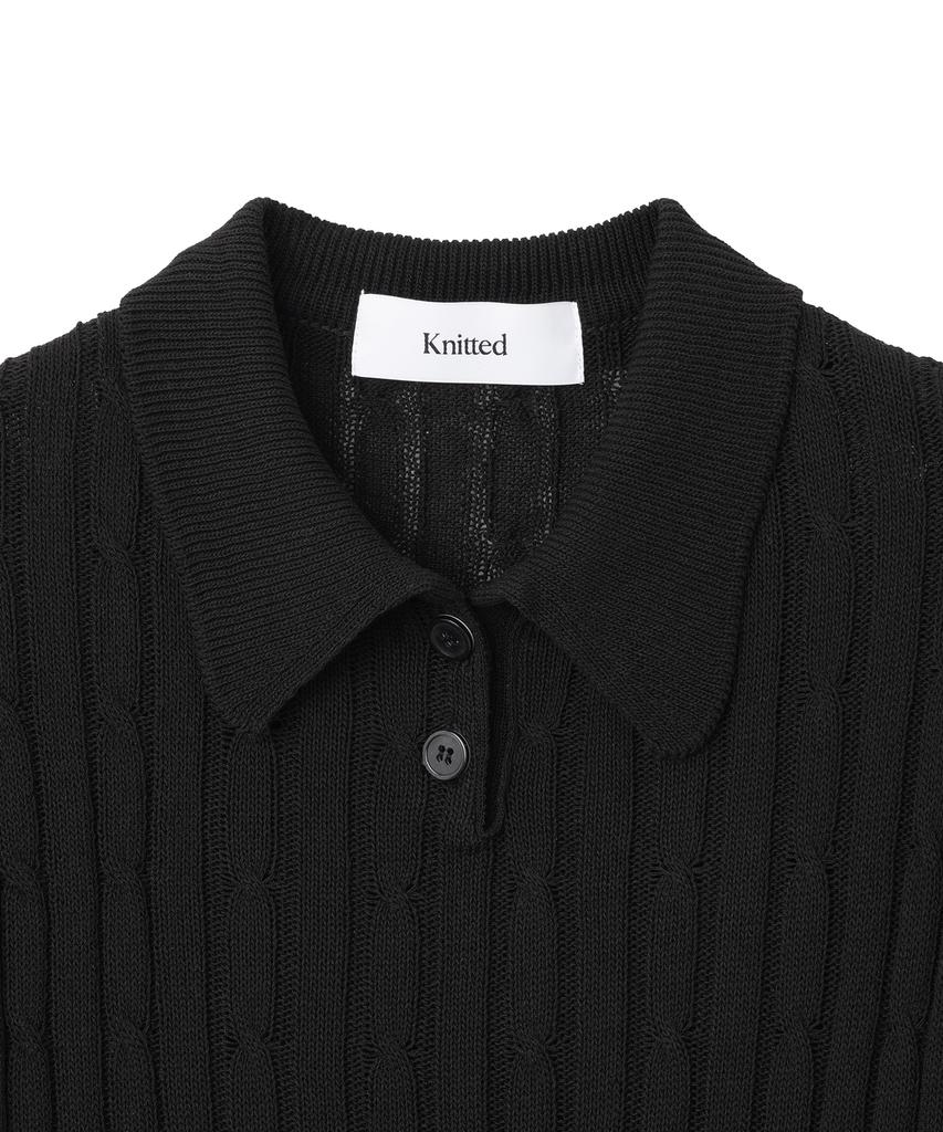 KNITTED (W) Linen Cable Collar Crop Half Knit Black