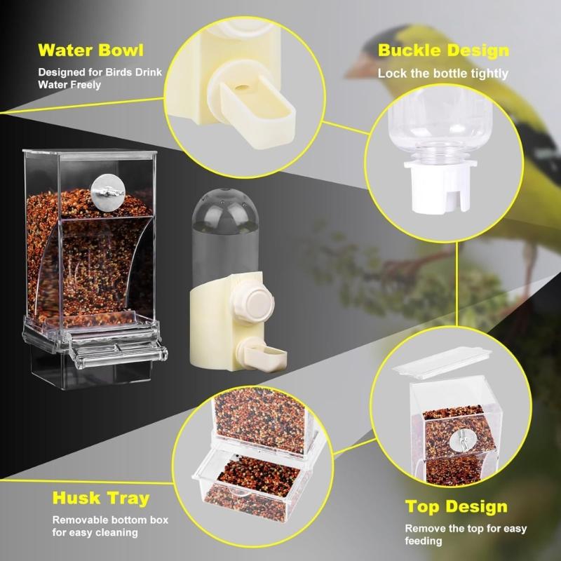 2PCS Bird Feeder and Waterer Set Treat Container AntiWaste Tray Durable ABS Cage Accessories for Small Medium Birds
