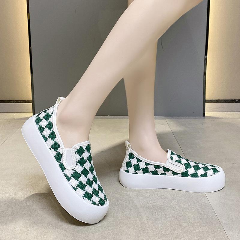 Vintage Platform Canvas Shoes Women's Plaid Woven Single Shoes Lazy Muffin