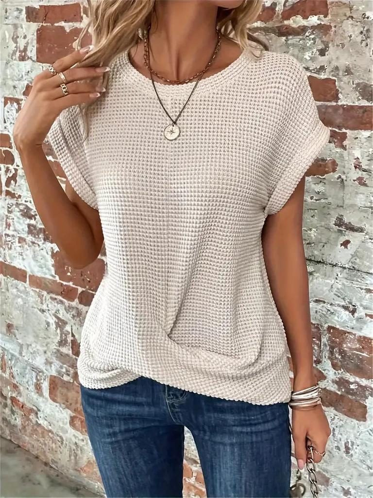 2026 Spring and Summer New Solid Color Round Neck T-shirt Elegant Short Twist Top Women's Clothing Amazon Cross-border Foreign Trade Short Sleeves