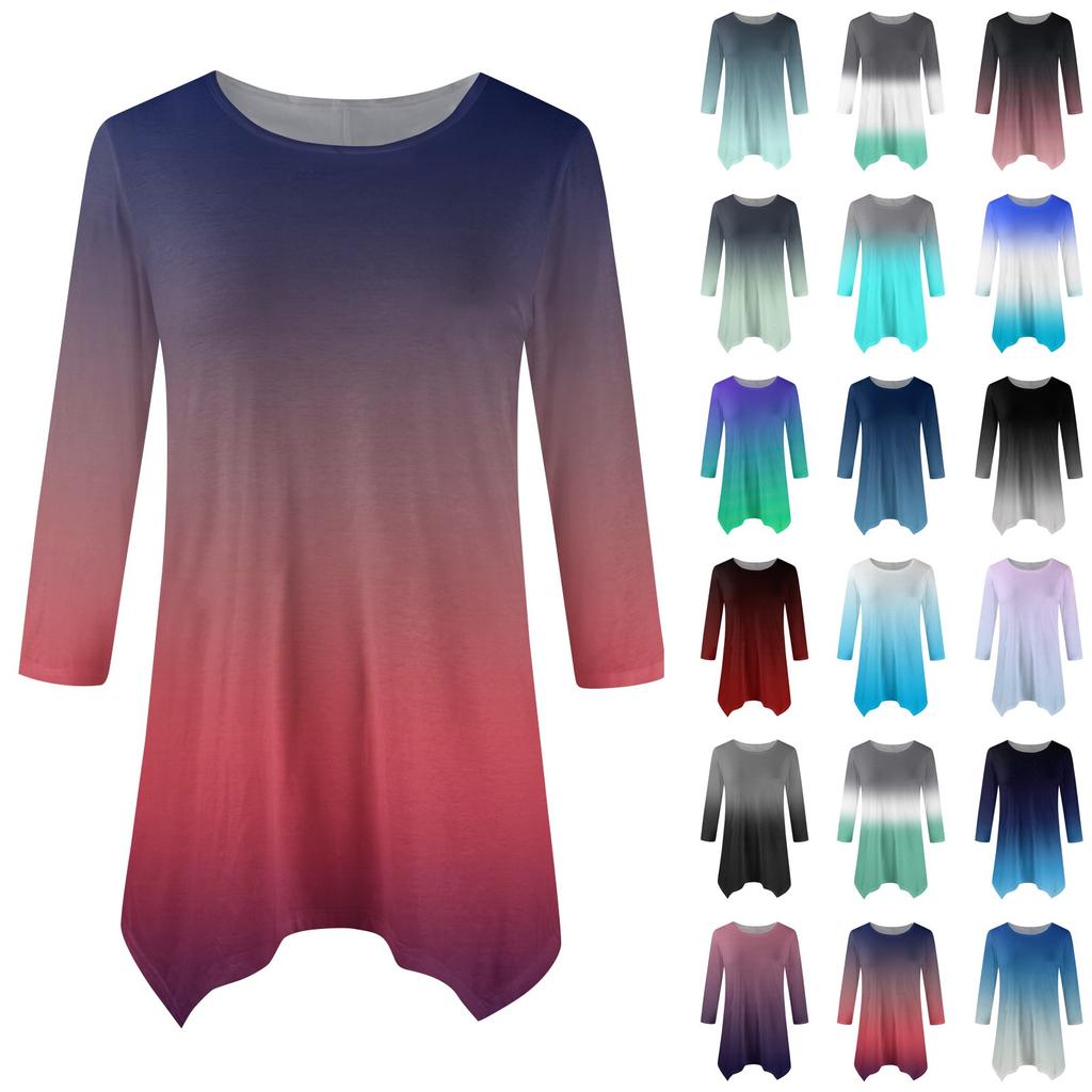 Women's Fashion Casual Crew-neck Gradual Print Seven-point Sleeve Shirt Belted Loose Comfortable Top