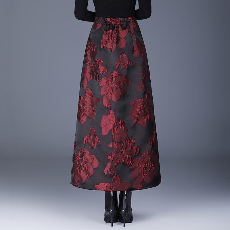 Jacquard Baumwolle Gepolstert Übergröße Hohe Taille Vintage Floral Frühling Herbst Winter Lässig Locker Lang für Frau Röcke Damenrock
