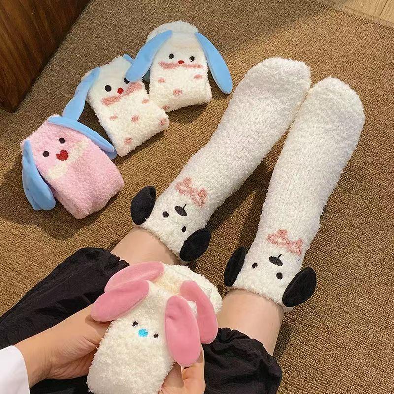 Cute Puppy Dog Coral Fleece Socks Mid-Tube Socks Autumn Winter Plus Velvet Thickened Home Sleeping Floor Socks Warmer Socks Gift